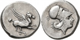 AKARNANIA. Leukas. Circa 350-320 BC. Stater (Silver, 21 mm, 8.43 g, 3 h). Pegasos flying right. Rev. Head of Athena to right, wearing Corinthian helme...