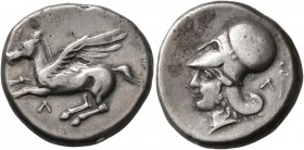 AKARNANIA. Leukas. Circa 350-320 BC. Stater (Silver, 20 mm, 8.43 g, 10 h). Λ Pegasos flying left. Rev. Head of Athena to left, wearing Corinthian helm...