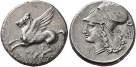 AKARNANIA. Thyrrheion. Circa 320-280 BC. Stater (Silver, 21 mm, 7.85 g, 10 h). ΘY Pegasos flying left. Rev. Head of Athena to left, wearing Corinthian...