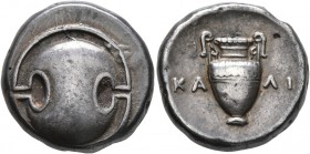 BOEOTIA. Thebes. Circa 395-338 BC. Stater (Silver, 21 mm, 12.15 g), Kal(l)i..., magistrate. Boeotian shield. Rev. KA-ΛI Amphora; all within shallow in...