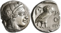 ATTICA. Athens. Circa 430s BC. Tetradrachm (Silver, 23 mm, 17.22 g, 1 h). Head of Athena to right, wearing crested Attic helmet decorated with three o...