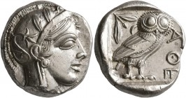 ATTICA. Athens. Circa 430s BC. Tetradrachm (Silver, 24 mm, 17.21 g, 8 h). Head of Athena to right, wearing crested Attic helmet decorated with three o...