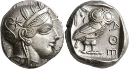 ATTICA. Athens. Circa 430s BC. Tetradrachm (Silver, 24 mm, 17.22 g, 1 h). Head of Athena to right, wearing crested Attic helmet decorated with three o...