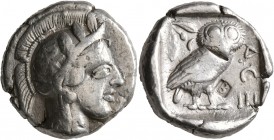 ATTICA. Athens. Circa 430s BC. Tetradrachm (Silver, 24 mm, 17.13 g, 1 h). Head of Athena to right, wearing crested Attic helmet decorated with three o...
