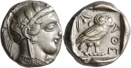 ATTICA. Athens. Circa 430s BC. Tetradrachm (Silver, 25 mm, 17.11 g, 11 h). Head of Athena to right, wearing crested Attic helmet decorated with three ...