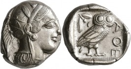 ATTICA. Athens. Circa 430s BC. Tetradrachm (Silver, 25 mm, 17.18 g, 2 h). Head of Athena to right, wearing crested Attic helmet decorated with three o...
