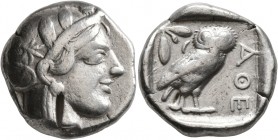 ATTICA. Athens. Circa 430s BC. Tetradrachm (Silver, 25 mm, 17.10 g, 4 h). Head of Athena to right, wearing crested Attic helmet decorated with three o...