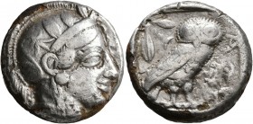 ATTICA. Athens. Circa 430s BC. Tetradrachm (Subaeratus, 22 mm, 15.56 g, 4 h). Head of Athena to right, wearing crested Attic helmet decorated with thr...