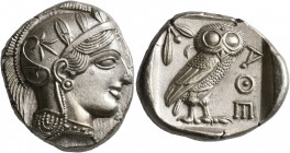 ATTICA. Athens. Circa 430s-420s BC. Tetradrachm (Silver, 27 mm, 17.21 g, 3 h). Head of Athena to right, wearing crested Attic helmet decorated with th...