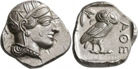 ATTICA. Athens. Circa 430s-420s BC. Tetradrachm (Silver, 24 mm, 17.22 g, 1 h). Head of Athena to right, wearing crested Attic helmet decorated with th...