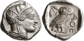 ATTICA. Athens. Circa 430s-420s BC. Tetradrachm (Silver, 25 mm, 17.27 g, 10 h). Head of Athena to right, wearing crested Attic helmet decorated with t...