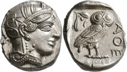 ATTICA. Athens. Circa 430s-420s BC. Tetradrachm (Silver, 25 mm, 17.20 g, 1 h). Head of Athena to right, wearing crested Attic helmet decorated with th...