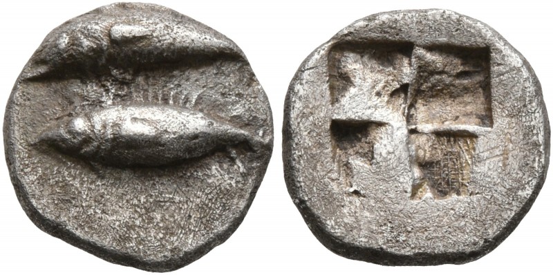 MYSIA. Kyzikos. Circa 550-450 BC. Obol (Silver, 10 mm, 0.89 g). Dolphin swimming...