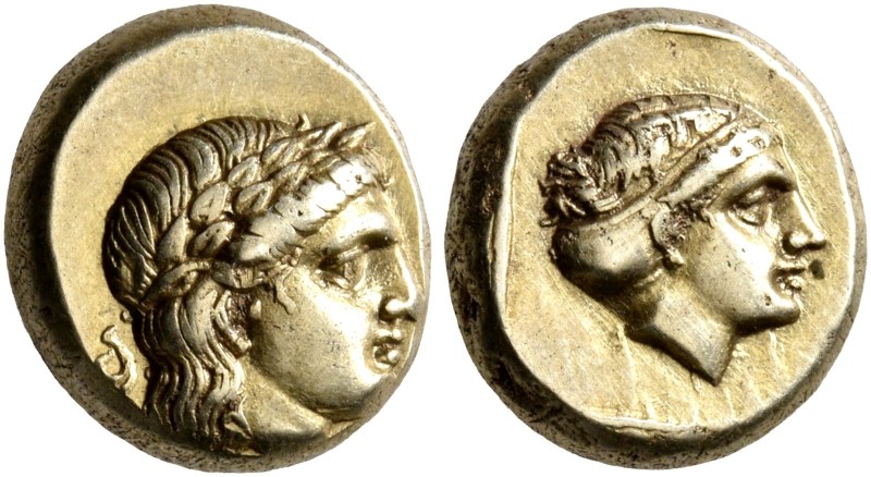 LESBOS. Mytilene. Circa 377-326 BC. Hekte (Electrum, 10 mm, 2.54 g, 1 h). Laurea...