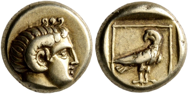 LESBOS. Mytilene. Circa 377-326 BC. Hekte (Electrum, 10 mm, 2.53 g, 2 h). Head o...