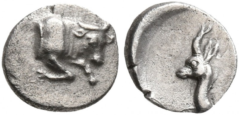 CARIA. Uncertain. 5th century BC. Obol (Silver, 6 mm, 0.18 g, 4 h). Forepart of ...