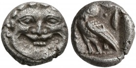 CILICIA. Mallos. Circa 440-390 BC. Obol (Silver, 8 mm, 0.65 g, 2 h). Facing gorgoneion. Rev. [MAP] Owl standing left, head facing; to right, olive spr...