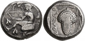 CILICIA. Soloi. Circa 440-410 BC. Stater (Silver, 19 mm, 10.66 g, 2 h). Amazon, nude to the waist, kneeling left and stringing her bow; wearing bonnet...