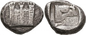 CILICIA. Tarsos. Circa 450-400 BC. Stater (Silver, 21 mm, 11.00 g, 11 h). Crenelated city wall with three towers. Rev. Forepart of bull to right with ...