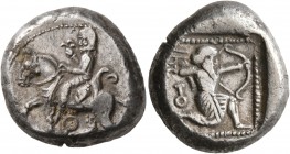CILICIA. Tarsos. Circa 420-410 BC. Stater (Silver, 19 mm, 10.29 g, 8 h). Satrap on horseback riding left, wearing kyrbasia and with gorytos at his hip...
