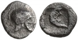 ASIA MINOR. Uncertain. 5th century BC. Hemitetartemorion (Silver, 4 mm, 0.07 g). Crested Corinthian helmet to right. Rev. Aphlaston within incuse squa...