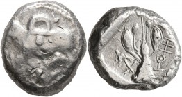 CYPRUS. Uncertain mints. Early 5th century BC. Stater (Silver, 21 mm, 10.83 g). Ram walking left upon which an ankh symbol is superimposed. Rev. Laure...