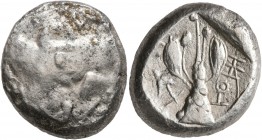 CYPRUS. Uncertain mints. Early 5th century BC. Stater (Silver, 20 mm, 10.94 g). Ram walking left upon which an ankh symbol is superimposed. Rev. Laure...