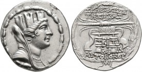 SYRIA, Seleukis and Pieria. Seleukeia Pieria. 105/4-83/2 BC. Tetradrachm (Silver, 31 mm, 14.76 g, 11 h), CY 12 = 98/7. Turreted, veiled and draped bus...