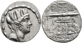 SYRIA, Seleukis and Pieria. Seleukeia Pieria. 105/4-83/2 BC. Tetradrachm (Silver, 29 mm, 14.29 g, 12 h), CY 12 = 98/7. Turreted, veiled and draped bus...