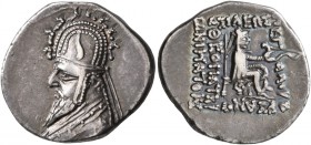 KINGS OF PARTHIA. Sinatrukes, 93/2-70/69 BC. Drachm (Silver, 20 mm, 4.11 g, 12 h), Rhagai. Diademed and draped bust of Sinatrukes to left, wearing tia...
