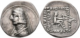 KINGS OF PARTHIA. Arsakes XVI, 78/7-62/1 BC. Drachm (Silver, 21 mm, 4.00 g, 12 h), Rhagai, circa 78/7-68/7. Diademed and draped bust of Arsakes XVI to...