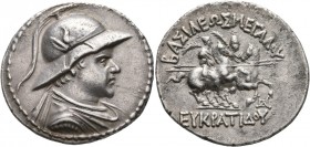 BAKTRIA, Greco-Baktrian Kingdom. Eukratides I, circa 170-145 BC. Tetradrachm (Silver, 34 mm, 16.44 g, 12 h), Baktra or an uncertain mint in the Paropa...