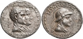 BAKTRIA, Greco-Baktrian Kingdom. Eukratides I, circa 170-145 BC. Tetradrachm (Silver, 32 mm, 16.37 g, 1 h), dynastic pedigree issue. Baktra, circa 162...
