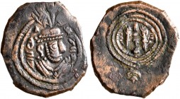 SASANIAN KINGS. Yazdgard III, 632-651. Pashiz (Bronze, 17 mm, 1.43 g, 6 h), illegible mint and date. Draped bust of Yazdgard III to right, wearing ela...