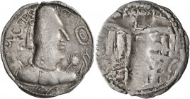 HUNNIC TRIBES, Alchon Huns. Uncertain king. Drachm (Silver, 29 mm, 3.00 g, 12 h), Shao Alkhano Type, Gandhara, 5th century. 'šauo alxanno' in Bactrian...