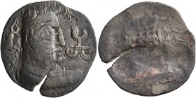 HUNNIC TRIBES, Alchon Huns. Bhaloka or Triloka, circa 450-500. Drachm (Silver, 24 mm, 3.18 g), Kabulistan or Gandhara. Bust of Bhaloka with elongated ...