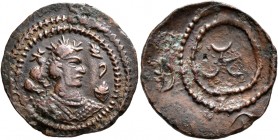 HUNNIC TRIBES, Nezak Huns. Hemidrachm (Bronze, 22 mm, 3.19 g), circa 650. Draped bust to right, wearing mustache and crown with three crescents; in fi...