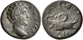 LESBOS. Mytilene. Lucius Verus, 161-169. Hemiassarion (Bronze, 16 mm, 3.75 g, 12 h), struck under Antoninus Pius, circa 144-161. ΛΟYΚΙΟϹ ΑΙ ΚΑΙϹΑΡ Bar...