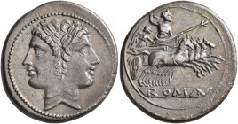 Anonymous, circa 225-214 BC. Quadrigatus - Didrachm (Silver, 21 mm, 6.66 g, 4 h), Rome. Laureate head of Janus. Rev. ROMA (in relief within linear fra...