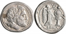 Anonymous, circa 211-208 BC. Victoriatus (Silver, 18 mm, 3.32 g, 5 h), uncertain mint in Sicily. Laureate head of Jupiter to right. Rev. ROMA Victory ...
