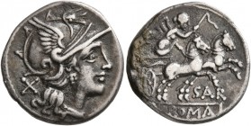 Atilius Saranus, 155 BC. Denarius (Silver, 18 mm, 3.49 g, 3 h), Rome. Head of Roma to right, wearing winged helmet; behind, X. Rev. SAR / ROMA (in tab...