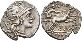 C. Valerius C.f. Flaccus, 140 BC. Denarius (Silver, 20 mm, 3.58 g, 1 h), Rome. Head of Roma to right, wearing winged helmet; behind, X. Rev. FLAC / C•...