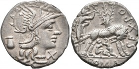 Sex. Pompeius Fostlus, 137 BC. Denarius (Silver, 20 mm, 3.71 g, 2 h), Rome. Head of Roma to right, wearing winged helmet; behind, jug; before, X (mark...