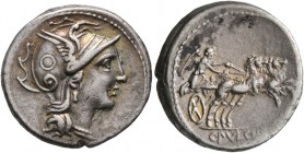 C. Claudius Pulcher, 110-109 BC. Denarius (Silver, 18 mm, 3.78 g, 10 h), Rome. Head of Roma to right, wearing winged helmet. Rev. C•PVLCHER Victory dr...