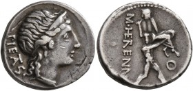 M. Herennius, 108-107 BC. Denarius (Silver, 18 mm, 3.85 g, 1 h), Rome. PIE TA S Diademed head of Pietas to right. Rev. M• HE RENNI - O One of the Cata...