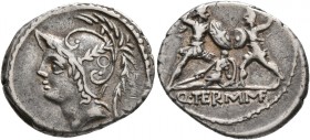 Q. Thermus M.f, 103 BC. Denarius (Silver, 20 mm, 4.00 g, 12 h), Rome. Helmeted head of Mars to left. Rev. Q• THE RM MF Two warriors fighting, each arm...