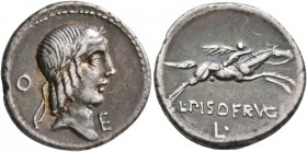L. Calpurnius Piso Frugi, 90 BC. Denarius (Silver, 18 mm, 3.76 g, 6 h), Rome. Laureate head of Apollo to right; behind, O. Rev. L PISO FRVGI / L• Hors...