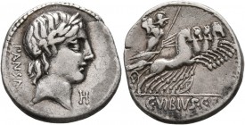 C. Vibius C.f. Pansa, 90 BC. Denarius (Silver, 18 mm, 3.85 g, 1 h), Rome. PANSA Laureate head of Apollo to right; below chin, H. Rev. C•VIBIVS•C•F Min...