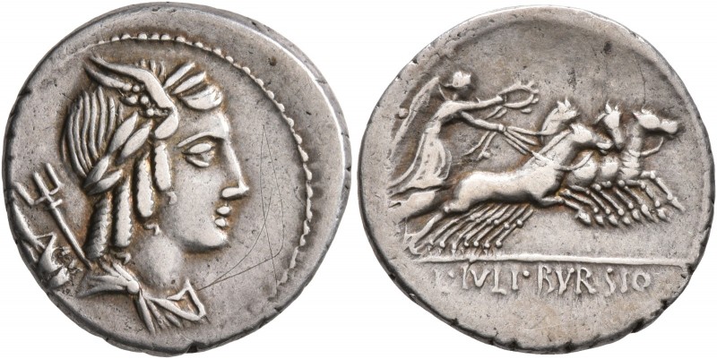 L. Julius Bursio, 85 BC. Denarius (Silver, 20 mm, 3.57 g, 2 h), Rome. Laureate, ...