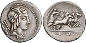 L. Julius Bursio, 85 BC. Denarius (Silver, 20 mm, 3.57 g, 2 h), Rome. Laureate, winged, and draped bust of Apollo Vejovis to right; behind, trident an...